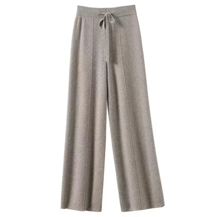100% Pure Wool Pants Cashmere Wide Leg Trousers Women's Long Britches Knit Loose Daks Casual Pants Autumn Winter High Waist Daks
