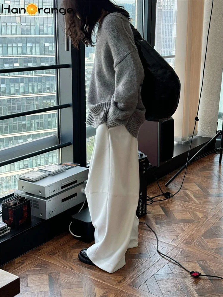 HanOrange 2026 Winter Wide Leg Pants Women Straightening Thick Trousers White/Black/Dark Brown