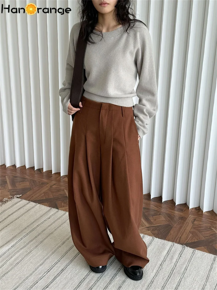 HanOrange 2026 Winter Wide Leg Pants Women Straightening Thick Trousers White/Black/Dark Brown