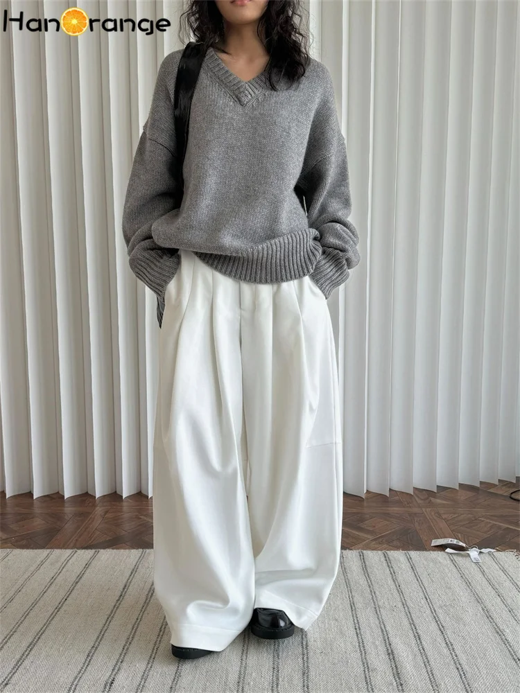 HanOrange 2026 Winter Wide Leg Pants Women Straightening Thick Trousers White/Black/Dark Brown