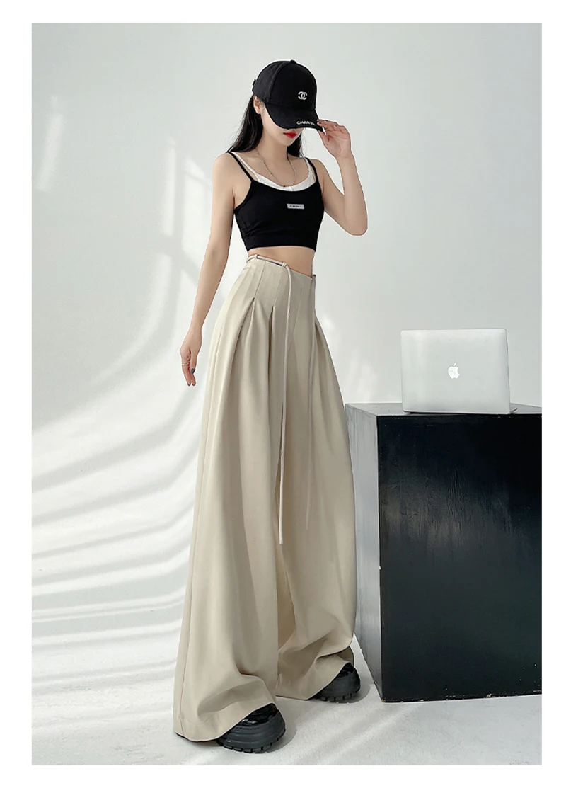 MEXZT Streetwear Wide Leg Pants Women Korean Black High Waist Suit Pants Summer Fashion Elegant Lace Up Straight Trousers New