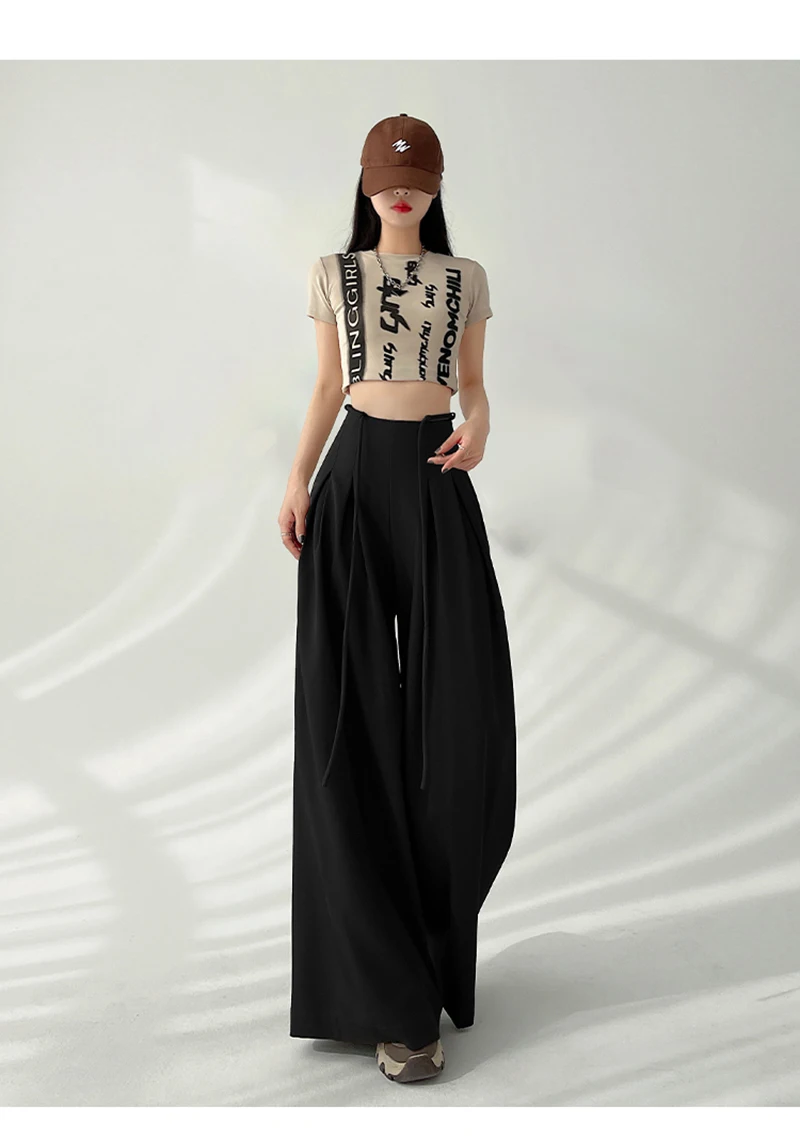 MEXZT Streetwear Wide Leg Pants Women Korean Black High Waist Suit Pants Summer Fashion Elegant Lace Up Straight Trousers New
