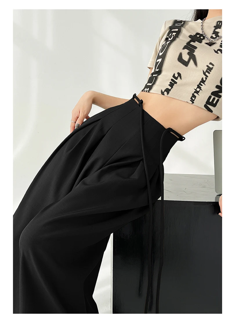 MEXZT Streetwear Wide Leg Pants Women Korean Black High Waist Suit Pants Summer Fashion Elegant Lace Up Straight Trousers New