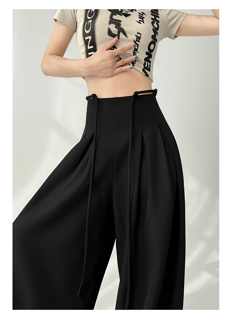 MEXZT Streetwear Wide Leg Pants Women Korean Black High Waist Suit Pants Summer Fashion Elegant Lace Up Straight Trousers New