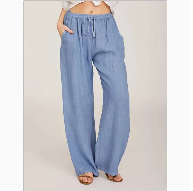 Summer Autumn Women Fashion Cotton Linen Pants Elastic Waist Loose Straight Pants Female Casual Solid Color Versatile Trousers