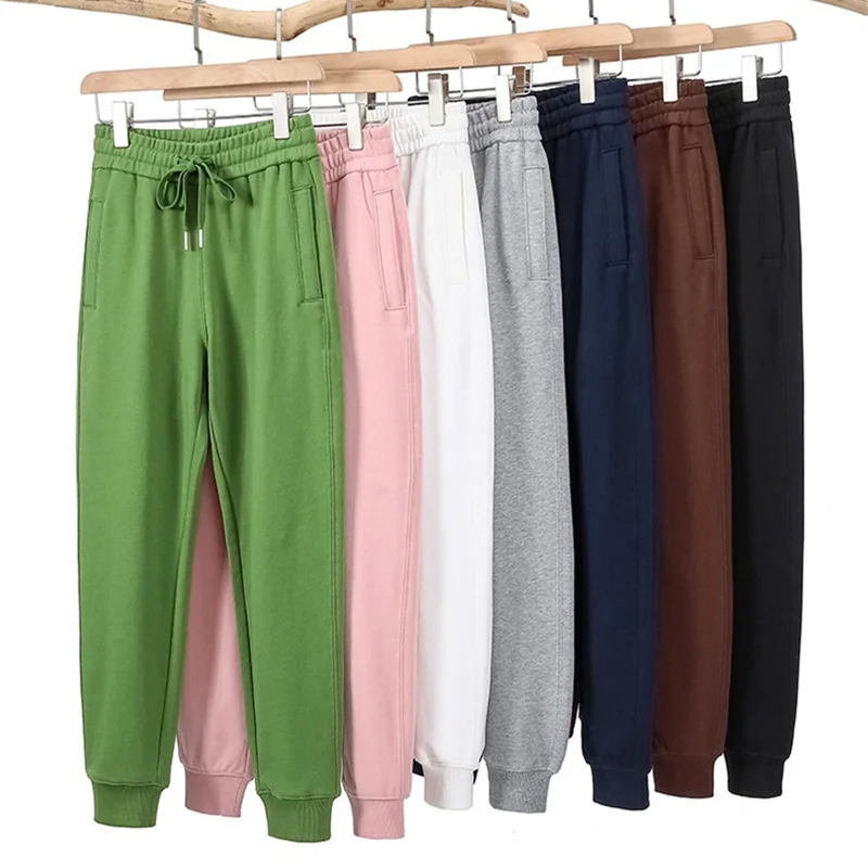 Fashion Spring Autumn 380g Cotton Sweatpants Women's Casual Trousers 7-colors Elastic-waist Pencil Pants Comfy Bundle Foot Pants