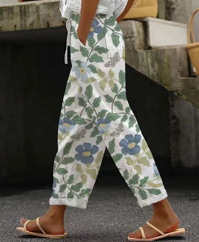 2026 Women's Loose Casual Trousers Floral Pattern Print Retro Drawstring Cross-pants Ladies Rolled Hem Cotton Linen Pants Female