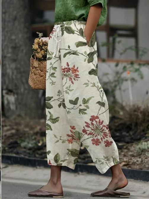 2026 Women's Loose Casual Trousers Floral Pattern Print Retro Drawstring Cross-pants Ladies Rolled Hem Cotton Linen Pants Female