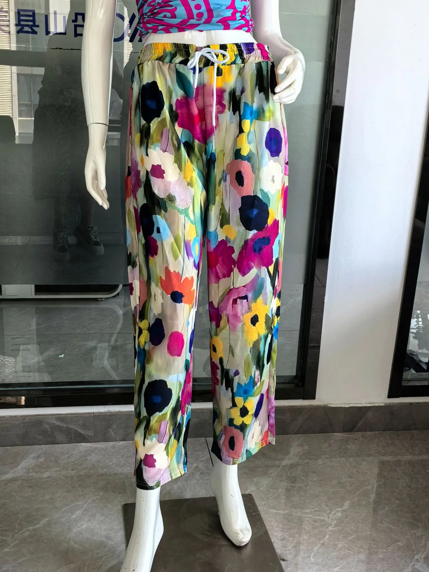 2026 Women's Loose Casual Trousers Floral Pattern Print Retro Drawstring Cross-pants Ladies Rolled Hem Cotton Linen Pants Female