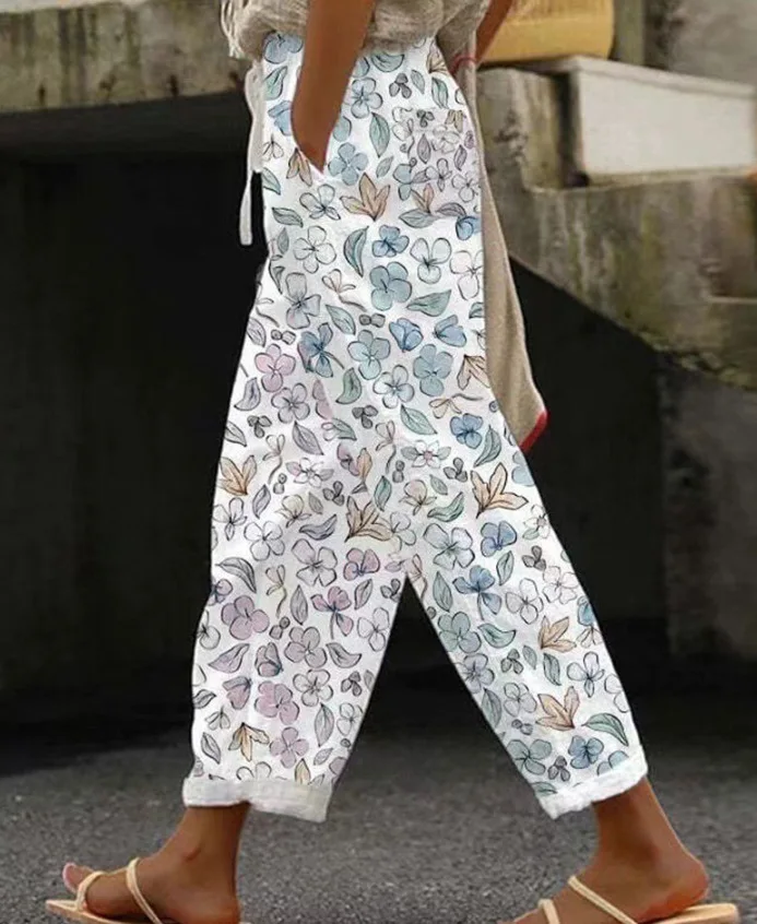 2026 Women's Loose Casual Trousers Floral Pattern Print Retro Drawstring Cross-pants Ladies Rolled Hem Cotton Linen Pants Female