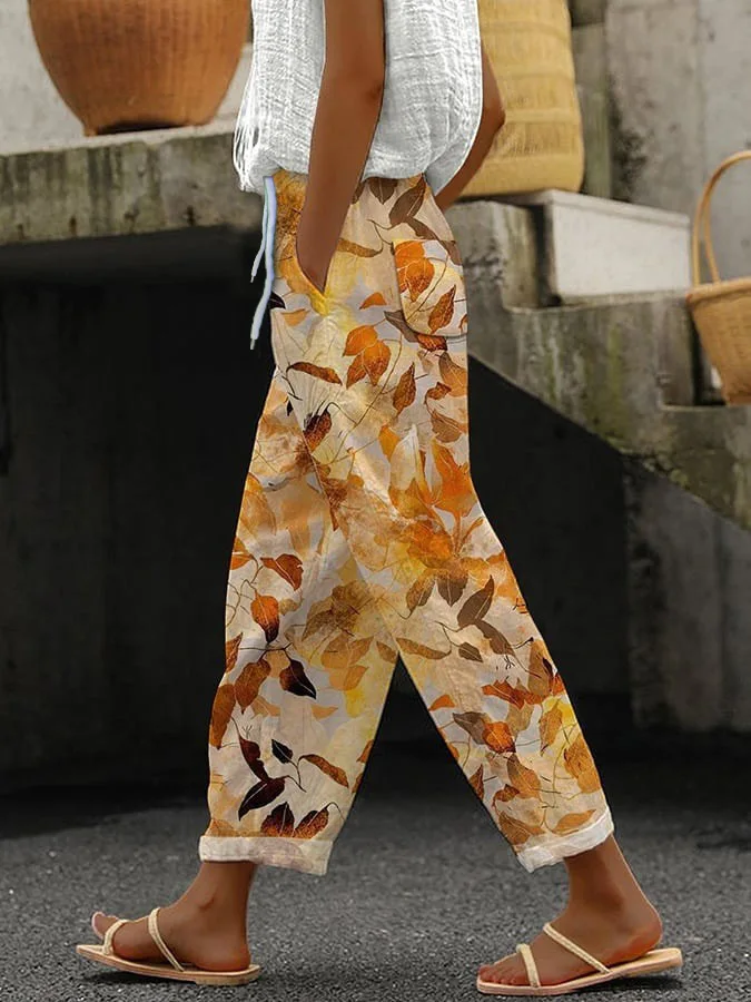 2026 Women's Loose Casual Trousers Floral Pattern Print Retro Drawstring Cross-pants Ladies Rolled Hem Cotton Linen Pants Female