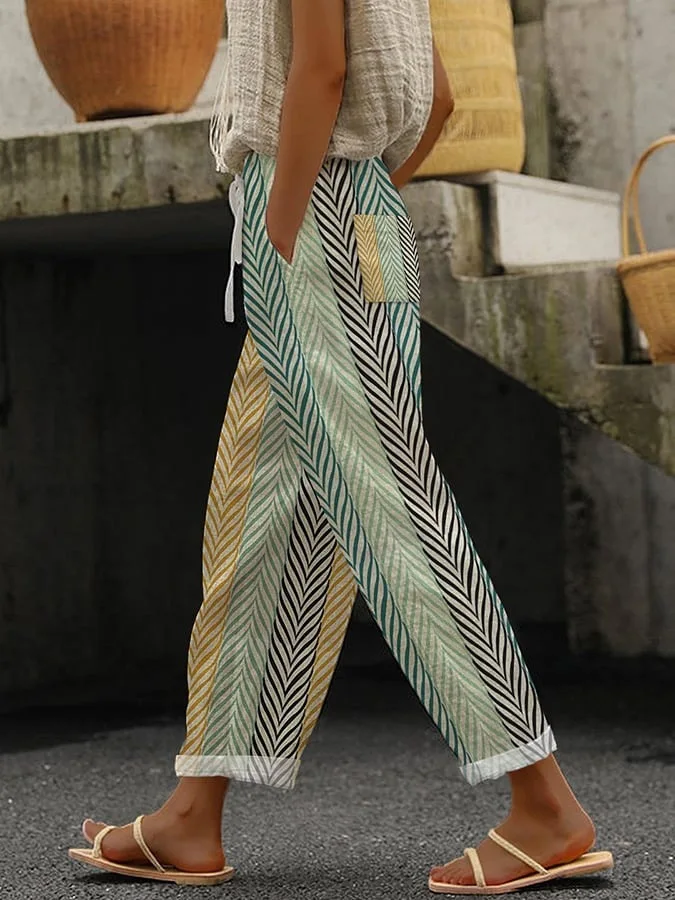 2026 Women's Loose Casual Trousers Floral Pattern Print Retro Drawstring Cross-pants Ladies Rolled Hem Cotton Linen Pants Female