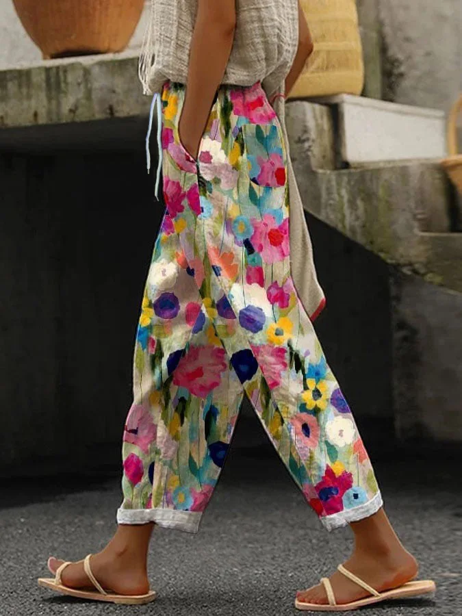 2026 Women's Loose Casual Trousers Floral Pattern Print Retro Drawstring Cross-pants Ladies Rolled Hem Cotton Linen Pants Female