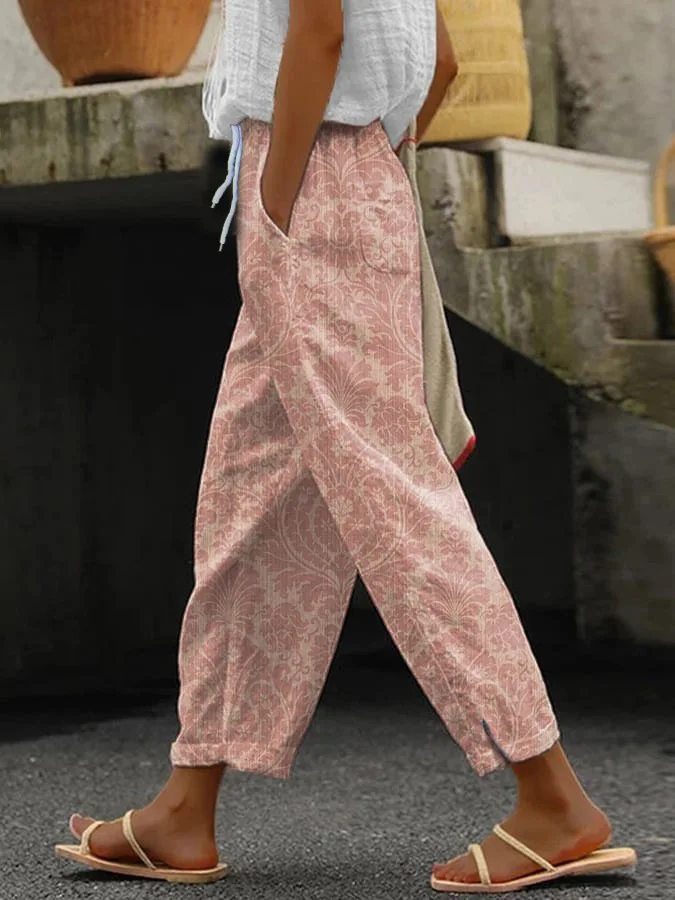 2026 Women's Loose Casual Trousers Floral Pattern Print Retro Drawstring Cross-pants Ladies Rolled Hem Cotton Linen Pants Female