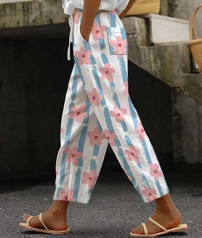 2026 Women's Loose Casual Trousers Floral Pattern Print Retro Drawstring Cross-pants Ladies Rolled Hem Cotton Linen Pants Female