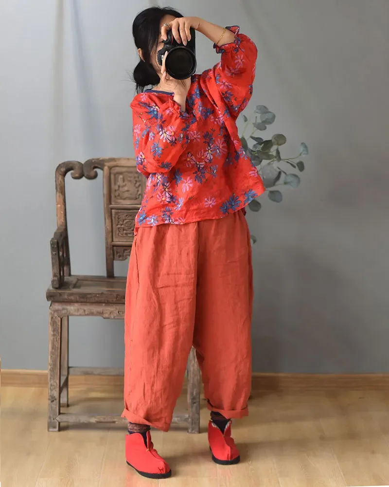 High Quality Cotton Linen Harem Pants Women New 2024 Autumn Vintage Style Solid Color Loose Female Ankle-length Casual Pant M182