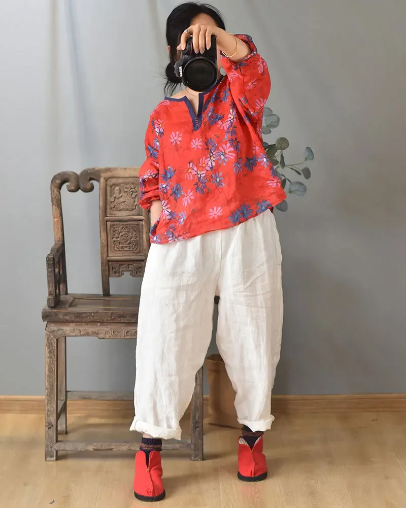 High Quality Cotton Linen Harem Pants Women New 2024 Autumn Vintage Style Solid Color Loose Female Ankle-length Casual Pant M182