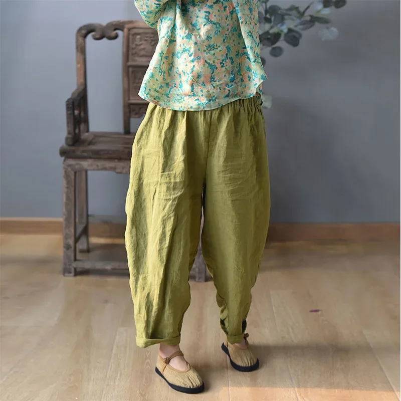 High Quality Cotton Linen Harem Pants Women New 2024 Autumn Vintage Style Solid Color Loose Female Ankle-length Casual Pant M182