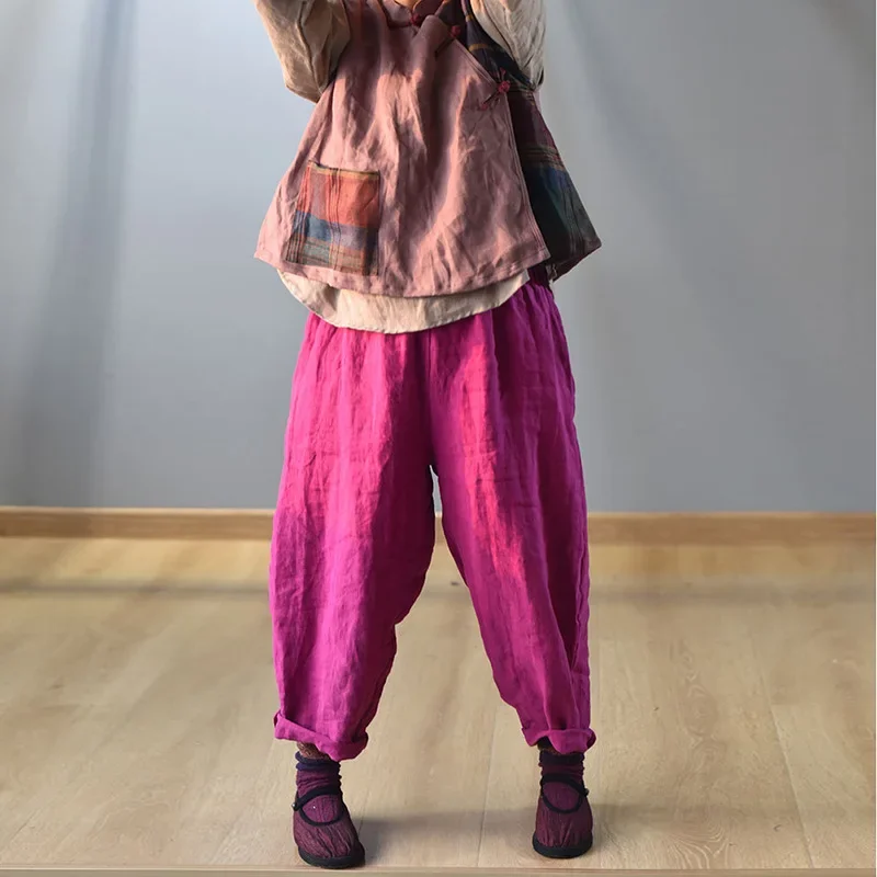 High Quality Cotton Linen Harem Pants Women New 2024 Autumn Vintage Style Solid Color Loose Female Ankle-length Casual Pant M182