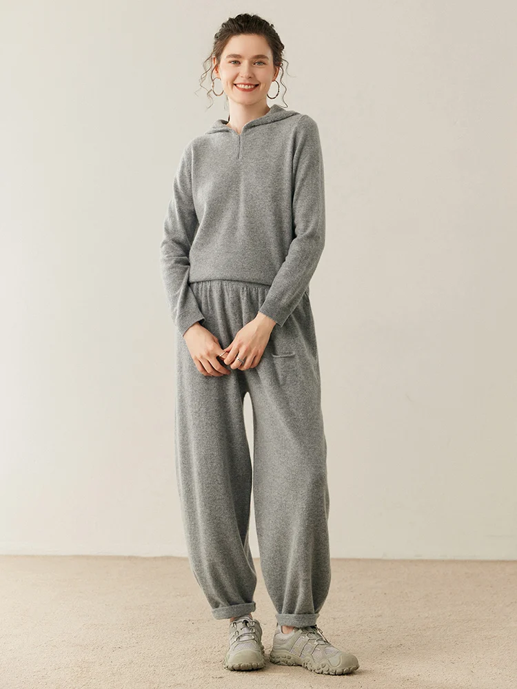 Women Cashmere Pants Autumn Winter Casual Loose Long Bloomers 100% Cashmere Knit Pants Chic Drawstring Pocket Cashmere Trousers