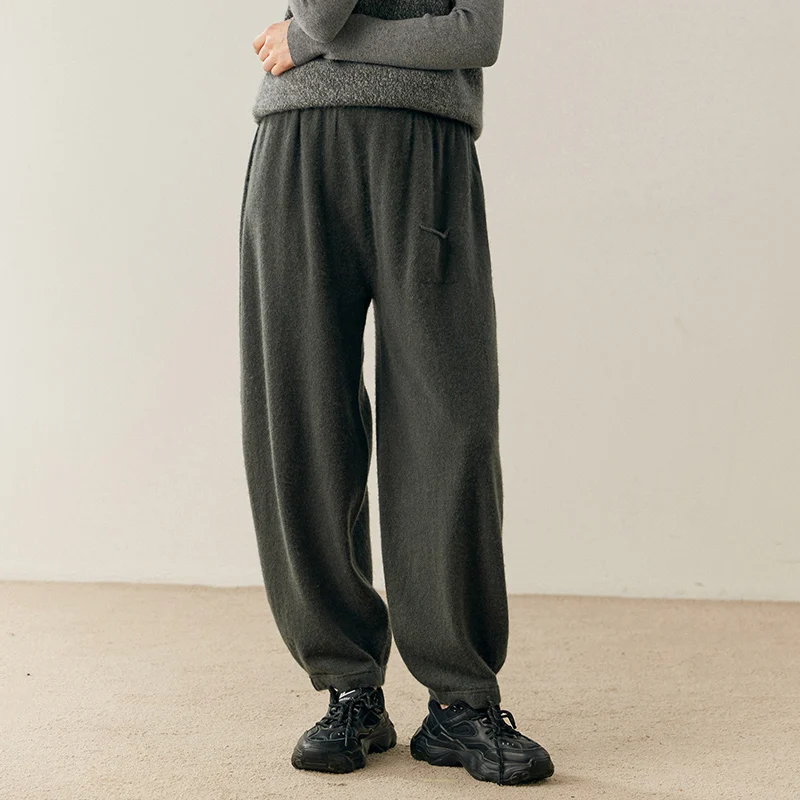 Women Cashmere Pants Autumn Winter Casual Loose Long Bloomers 100% Cashmere Knit Pants Chic Drawstring Pocket Cashmere Trousers