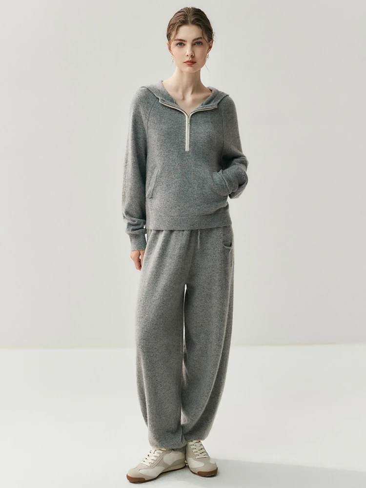Women Cashmere Pants Autumn Winter Casual Loose Long Bloomers 100% Cashmere Knit Pants Chic Drawstring Pocket Cashmere Trousers