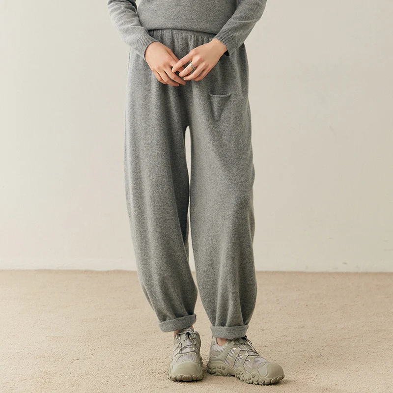 Women Cashmere Pants Autumn Winter Casual Loose Long Bloomers 100% Cashmere Knit Pants Chic Drawstring Pocket Cashmere Trousers