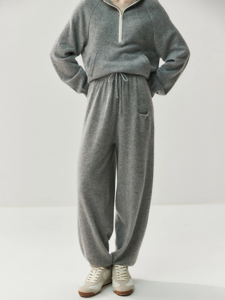 Women Cashmere Pants Autumn Winter Casual Loose Long Bloomers 100% Cashmere Knit Pants Chic Drawstring Pocket Cashmere Trousers