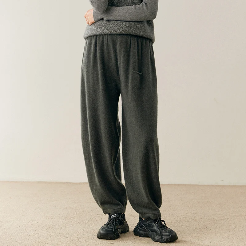 Women Cashmere Pants Autumn Winter Casual Loose Long Bloomers 100% Cashmere Knit Pants Chic Drawstring Pocket Cashmere Trousers