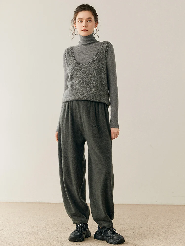 Women Cashmere Pants Autumn Winter Casual Loose Long Bloomers 100% Cashmere Knit Pants Chic Drawstring Pocket Cashmere Trousers