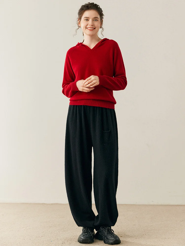 Women Cashmere Pants Autumn Winter Casual Loose Long Bloomers 100% Cashmere Knit Pants Chic Drawstring Pocket Cashmere Trousers