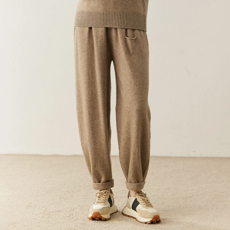 Women Cashmere Pants Autumn Winter Casual Loose Long Bloomers 100% Cashmere Knit Pants Chic Drawstring Pocket Cashmere Trousers
