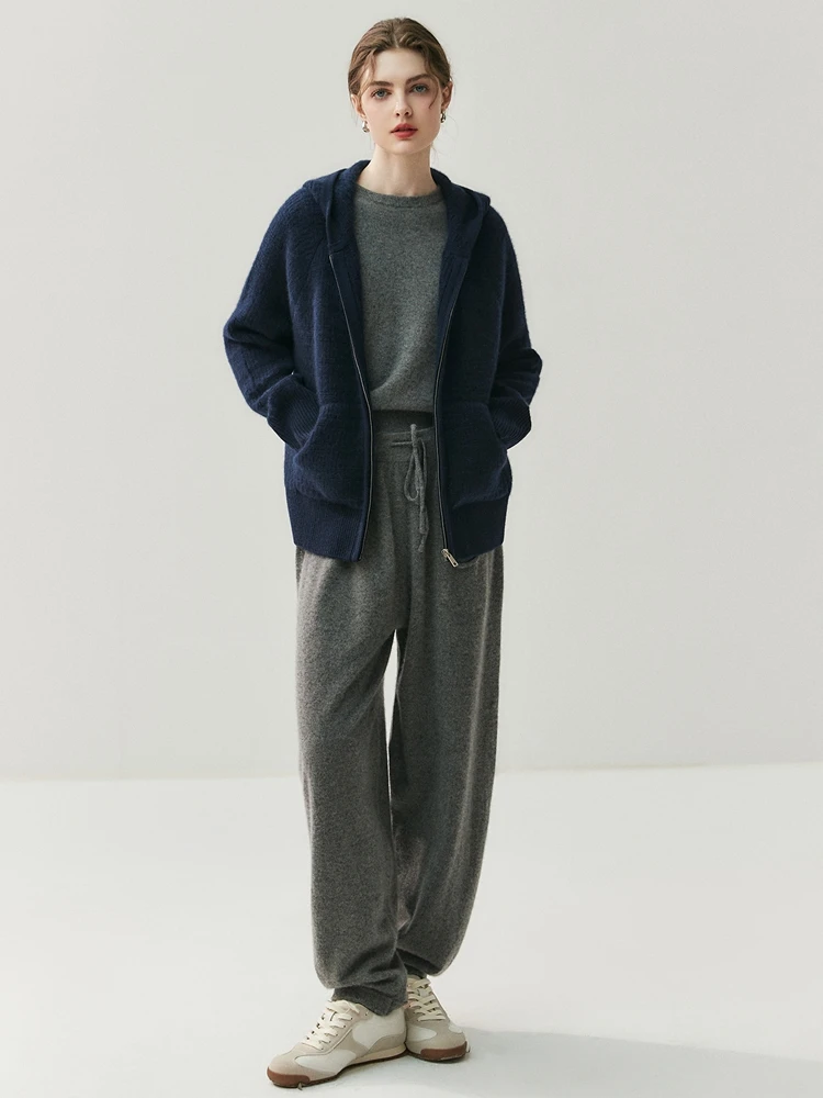 Women Cashmere Pants Autumn Winter Casual Loose Long Bloomers 100% Cashmere Knit Pants Chic Drawstring Pocket Cashmere Trousers