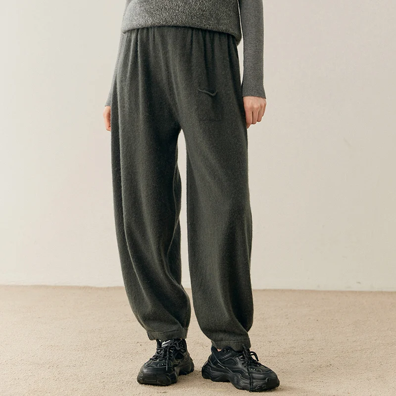 Women Cashmere Pants Autumn Winter Casual Loose Long Bloomers 100% Cashmere Knit Pants Chic Drawstring Pocket Cashmere Trousers