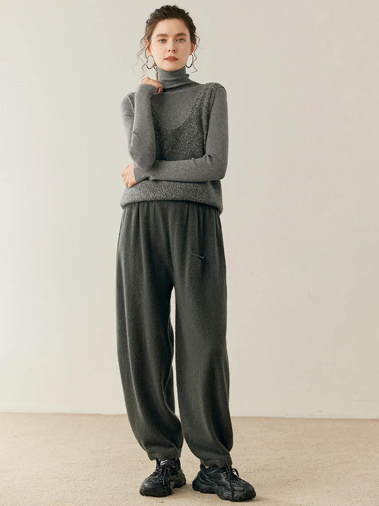 Women Cashmere Pants Autumn Winter Casual Loose Long Bloomers 100% Cashmere Knit Pants Chic Drawstring Pocket Cashmere Trousers