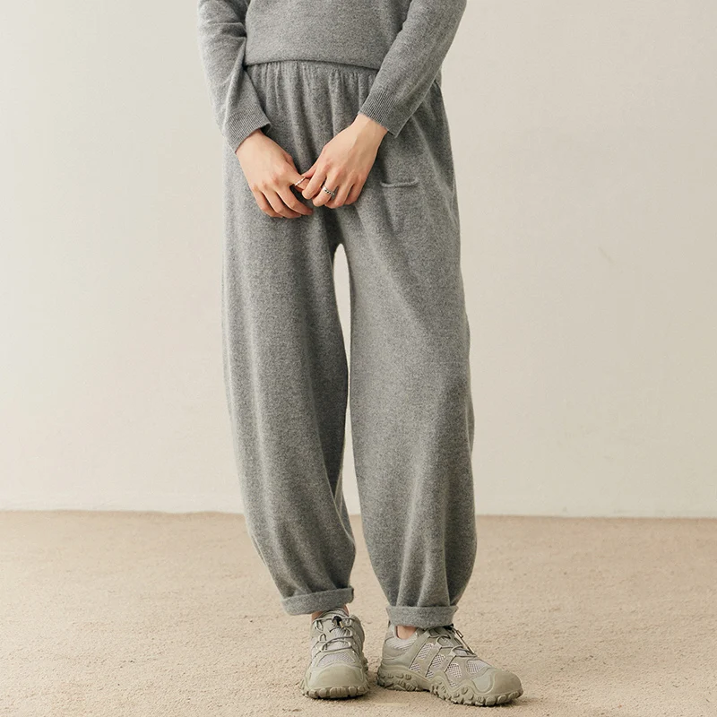 Women Cashmere Pants Autumn Winter Casual Loose Long Bloomers 100% Cashmere Knit Pants Chic Drawstring Pocket Cashmere Trousers