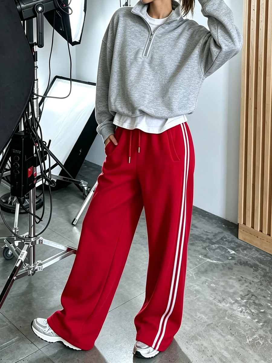 Red Women's Wide-leg Sweatpants Autumn Cotton High-waisted Classic Vintage Striped Oversize Sports Pants for Women Pinterest
