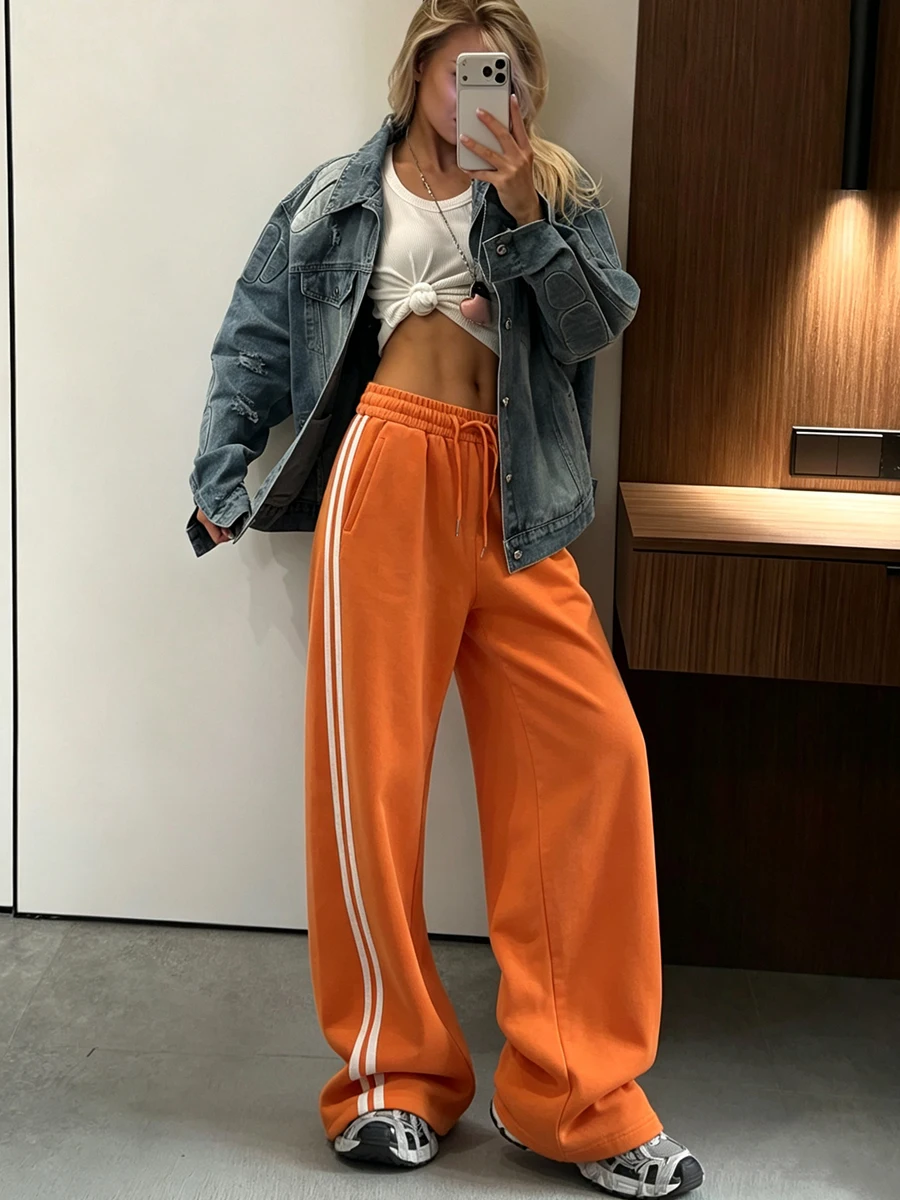 Red Women's Wide-leg Sweatpants Autumn Cotton High-waisted Classic Vintage Striped Oversize Sports Pants for Women Pinterest