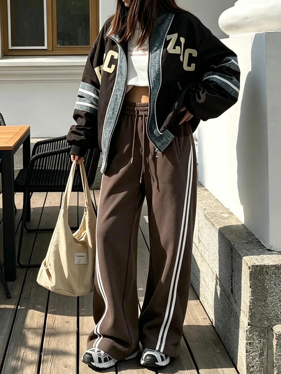 Red Women's Wide-leg Sweatpants Autumn Cotton High-waisted Classic Vintage Striped Oversize Sports Pants for Women Pinterest