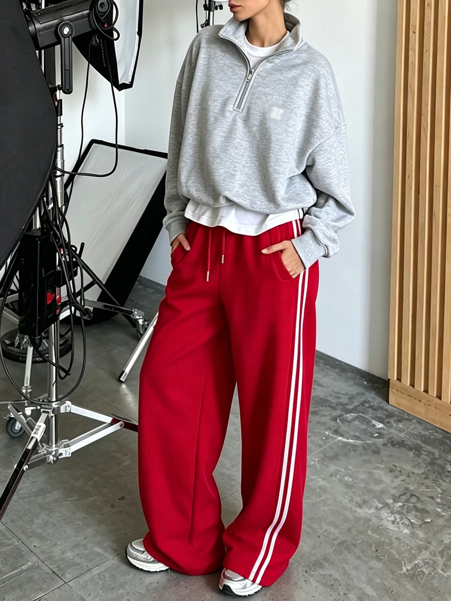 Red Women's Wide-leg Sweatpants Autumn Cotton High-waisted Classic Vintage Striped Oversize Sports Pants for Women Pinterest