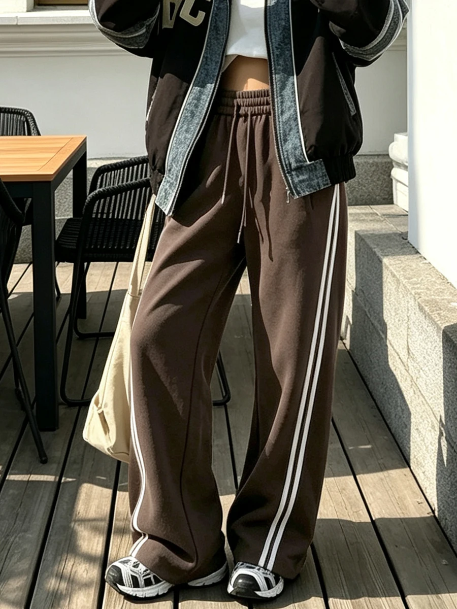 Red Women's Wide-leg Sweatpants Autumn Cotton High-waisted Classic Vintage Striped Oversize Sports Pants for Women Pinterest