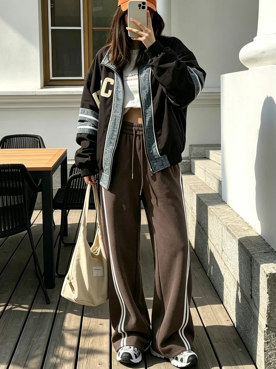 Red Women's Wide-leg Sweatpants Autumn Cotton High-waisted Classic Vintage Striped Oversize Sports Pants for Women Pinterest
