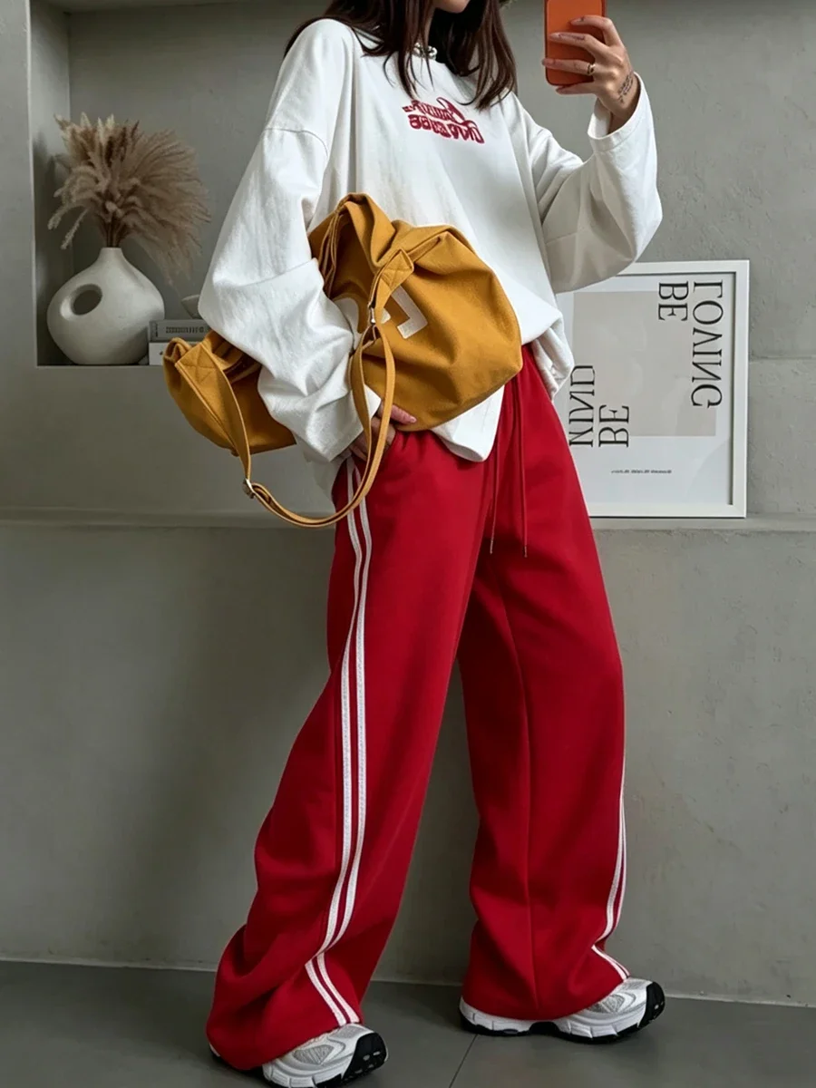 Red Women's Wide-leg Sweatpants Autumn Cotton High-waisted Classic Vintage Striped Oversize Sports Pants for Women Pinterest
