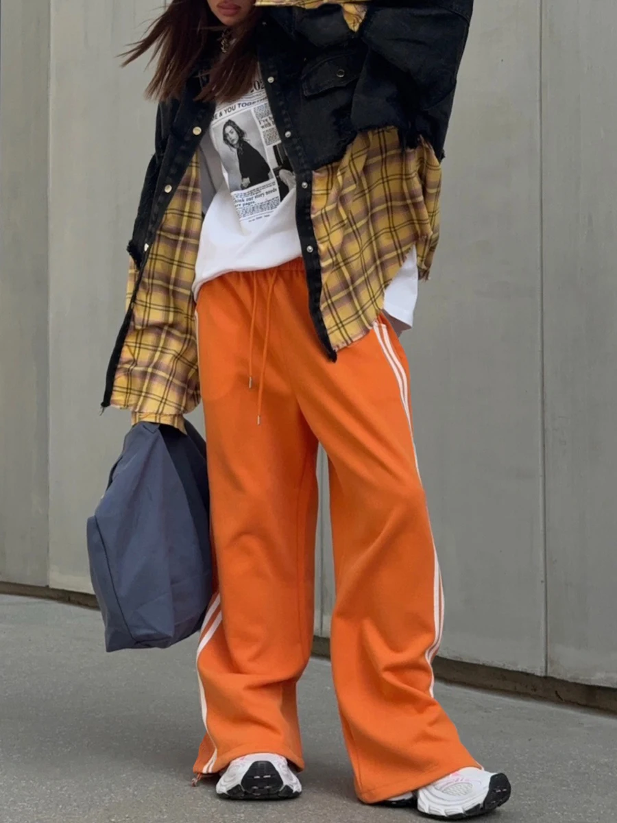 Red Women's Wide-leg Sweatpants Autumn Cotton High-waisted Classic Vintage Striped Oversize Sports Pants for Women Pinterest