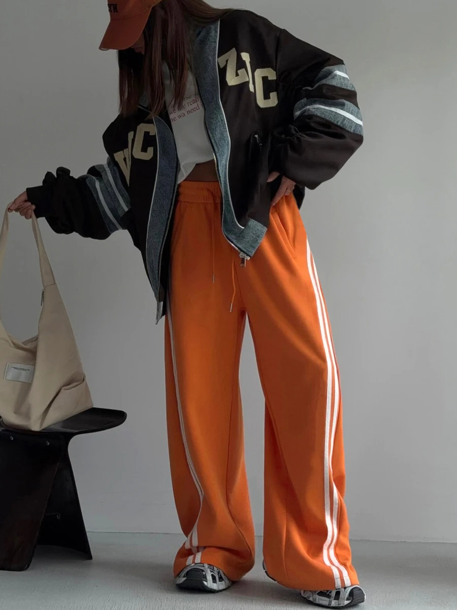 Red Women's Wide-leg Sweatpants Autumn Cotton High-waisted Classic Vintage Striped Oversize Sports Pants for Women Pinterest