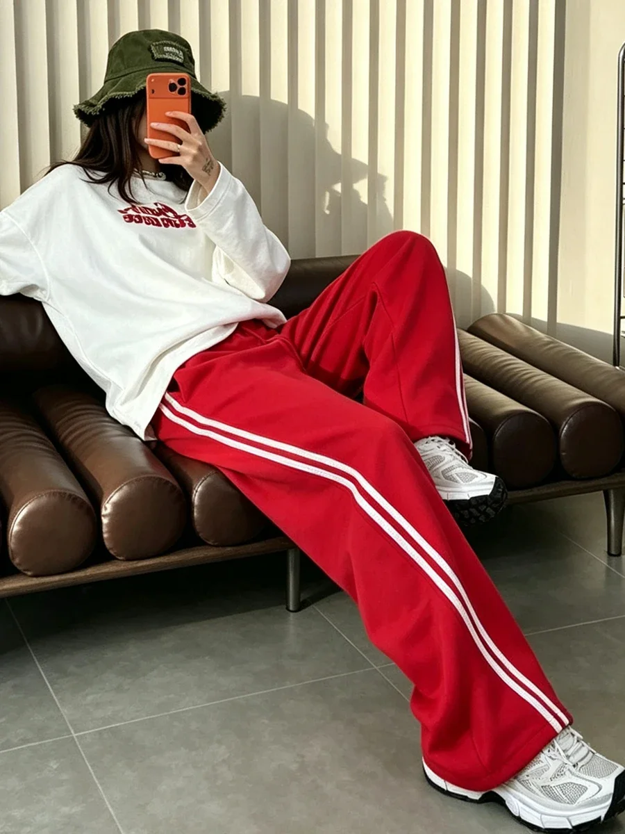 Red Women's Wide-leg Sweatpants Autumn Cotton High-waisted Classic Vintage Striped Oversize Sports Pants for Women Pinterest