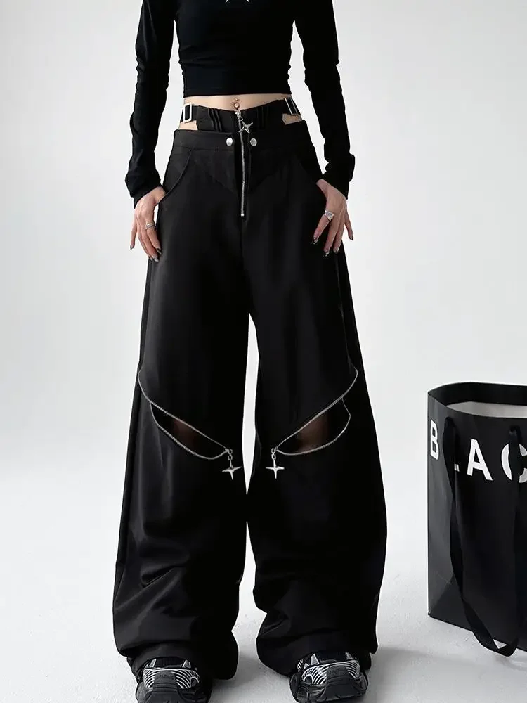 American Retro Hot Girl Black Work Pants Women Y2K Zipper Design Loose Long Casual Trousers Female Model Recommendation