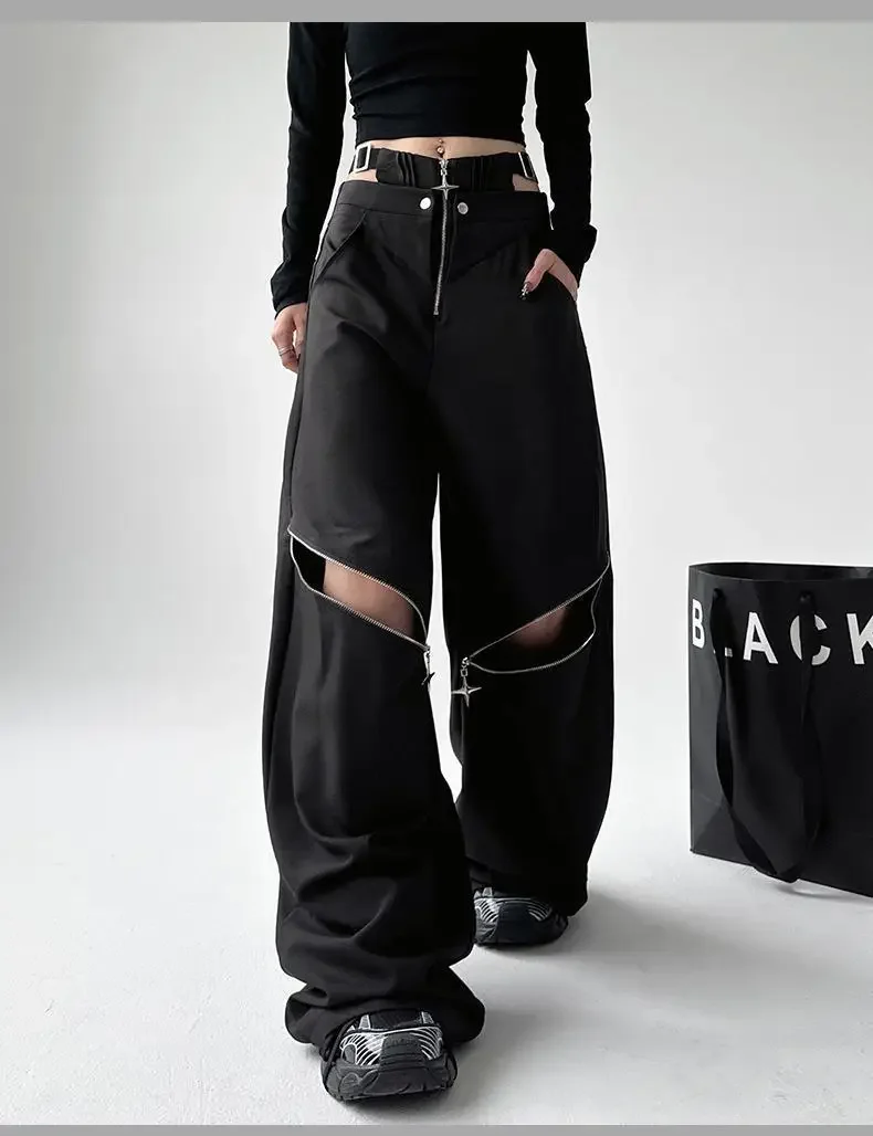 American Retro Hot Girl Black Work Pants Women Y2K Zipper Design Loose Long Casual Trousers Female Model Recommendation