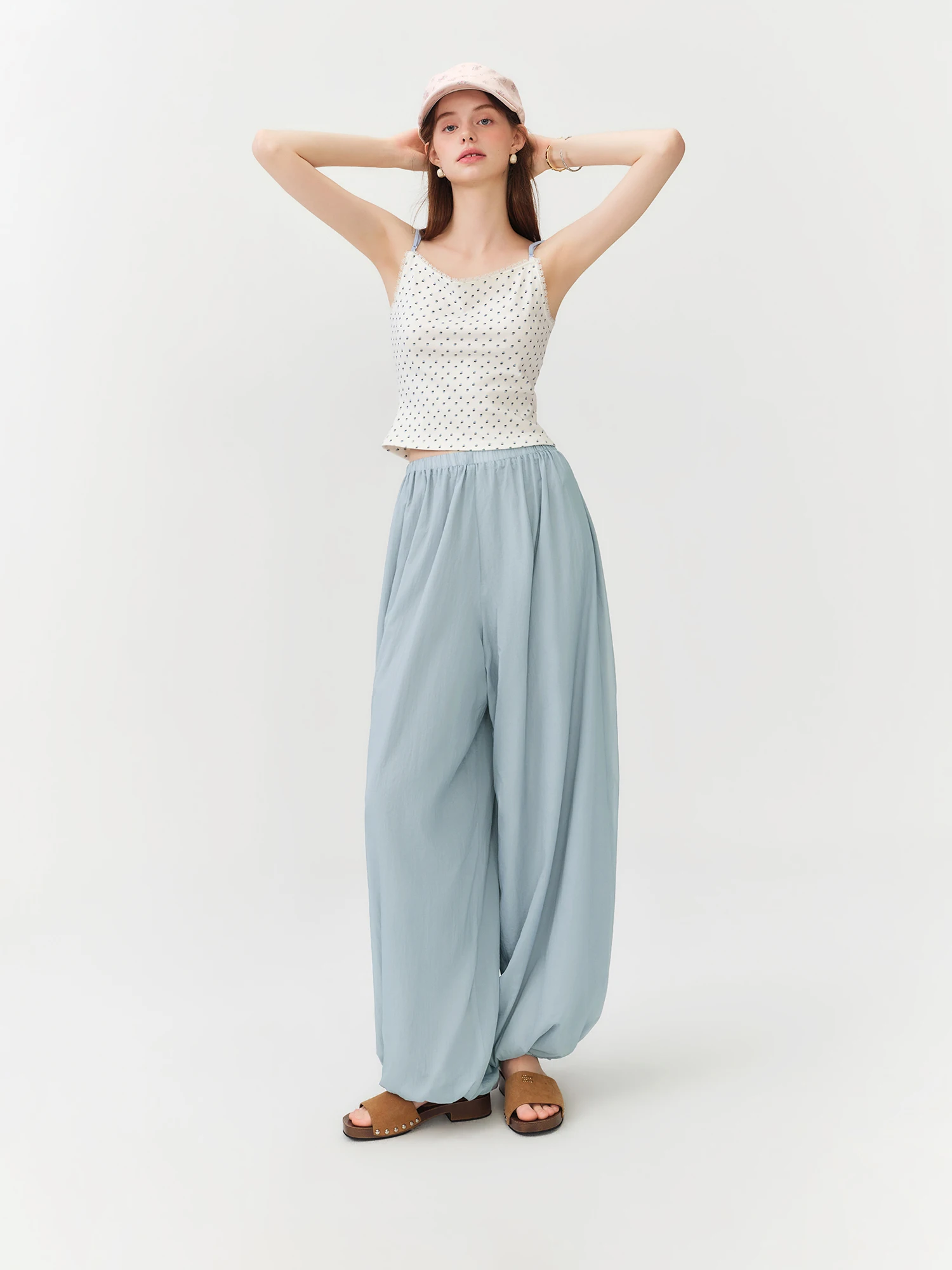 FSLE 2026 Summer Women Balloon Pants High Waist Elastic Waist Leg Culottes Loose Fit Tapered Cargo Joggers Vacation Boho Style