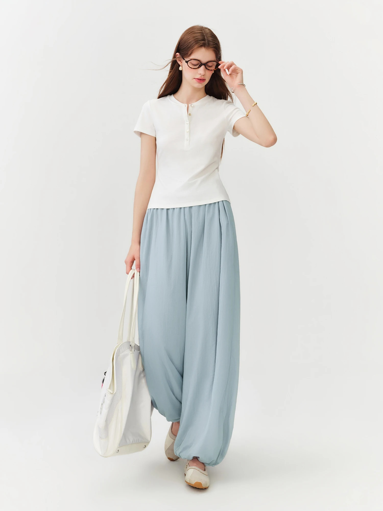 FSLE 2026 Summer Women Balloon Pants High Waist Elastic Waist Leg Culottes Loose Fit Tapered Cargo Joggers Vacation Boho Style